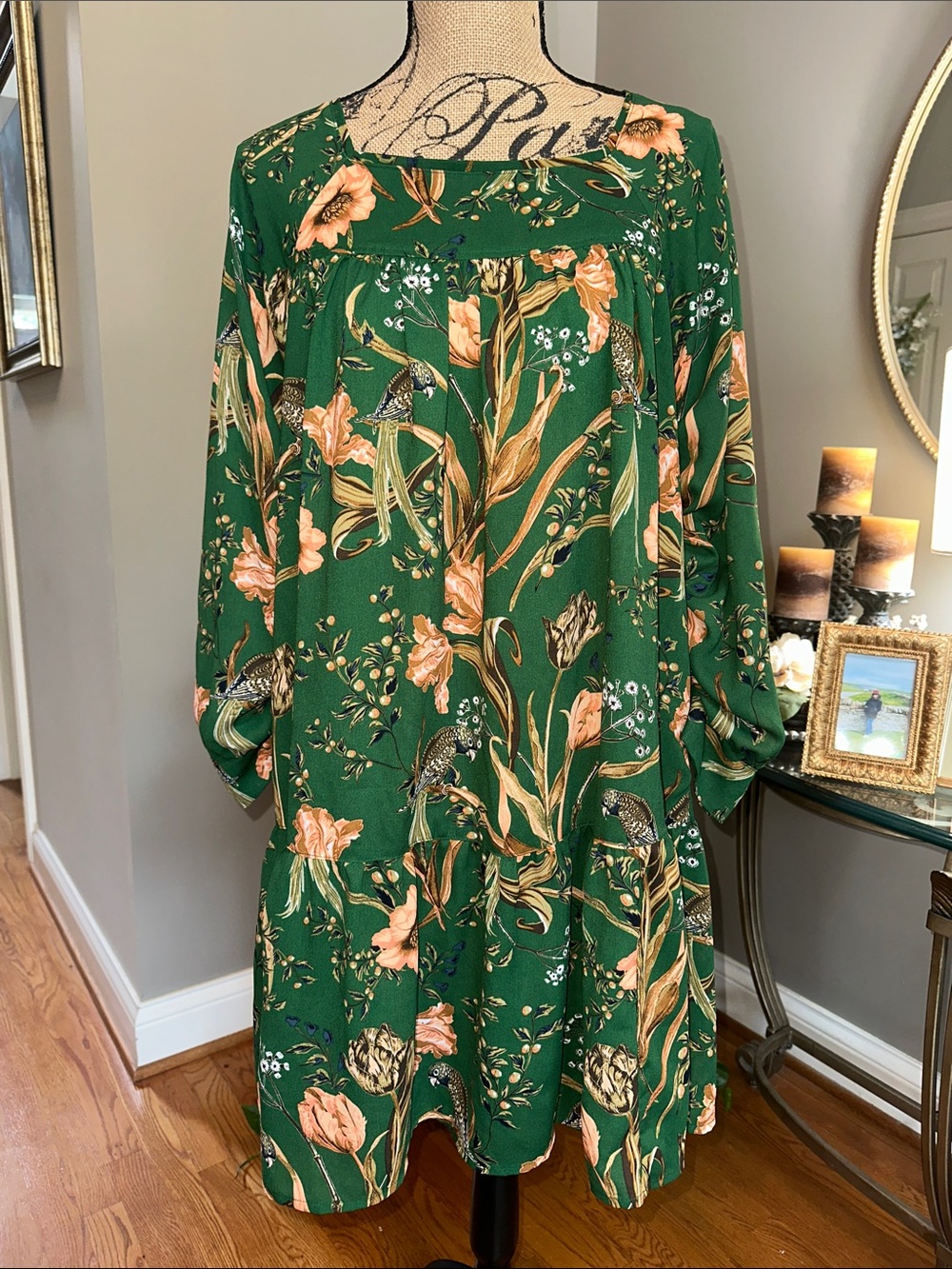 Happy Nature Green Floral Long Sleeve Tiered Bird Dress size small